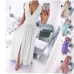 Casual Dresses Summer Sleeveless Solid Color V-neck Dress Women Pullover Polyester High Waist