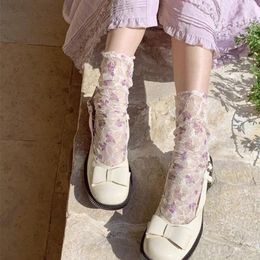 Women Socks Flowers Sweet Medium Tube Sweat Absorbing Stacked Lolita Princess Jacquard Female Lace Korean Style Hosiery