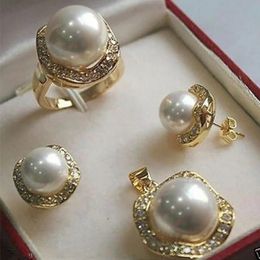 FYS004 Multicolor Choices White green AAAA CZ South Sea Shell Pearl Ring Pendant Earring Jewellery Set 240220
