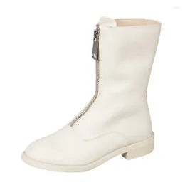 Boots Autumn And Winter Front Zipper Women's Mid-calf Leather Female Flat High Top Women Casual