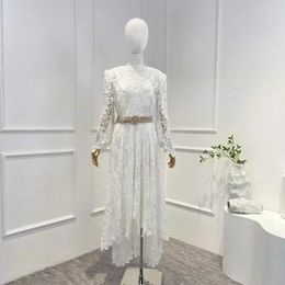 Casual Dresses 2024 White Sping Summer Top Quality Vintage See-through Hook Flower Hollow Belt Irregular Lace Woman Luxury Midi Dress