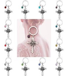 Creative Rose Cross Keychain with 12 Birthstones Jewelry Memorial Gifts Bag Pendant Key Chains Religious Christian Keyrings6989706