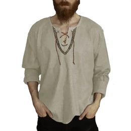 Vikings Shirt Cotton Linen Flax Tops Lace Up Long Sleeves Blouse Mens V Neck Medieval Costume Embroidery Tunic Casual 240219