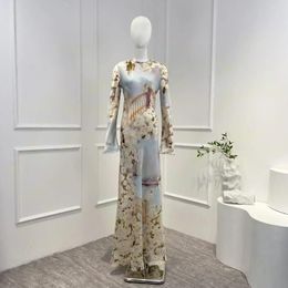 Casual Dresses Latest Collection 2024 Spring Summer Silk Gorgeous Floral Long Sleeves O-neck Maxi Hem For Women