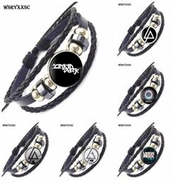 Vintage Cabochon Colorful Collar Black Leather Bracelet Bangle For Women Wedding American Linkin Park logo1569597