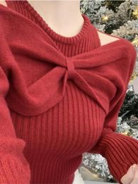 Women's Sweaters Korean Fashion Sweater Women Clothes 2024 Fall Winter Woman Two Piece Knitted Pull Femme Y2K Off Shoulder Bow Tops