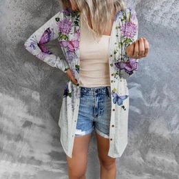 Women's Blouses 2024 Casual Summer Autumn Women Shirt Cardigan Coat Fashion Floral Print Medium Length Loose Long Sleeved Cover Up