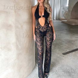 Kvinnors jumpsuits rompers hirigin kvinnor ihåliga spetsar tätt jumpsuit hängande nack ärmlös som visar navel långa byxor fast färg bodysuit för sommaren T240227