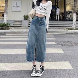 Skirts LEDP Women Denim Skirt High Waist Retro Long Split Hip Female Fashion Stretch Design Skirt.