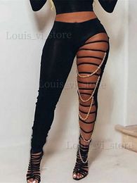 Women's Pants Capris hirigin Sexy High Waist Ripped Leggings Women Black Slim Holes Trousers With Gold Chain Pencil Pants Casual Fashion Clothing T240227