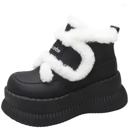 Boots Women Winter Warm Plush Snow 2024 Thick Fur High Platform Ankle Non-slip 8CM Wedge Heels Leather Chunky Sneakers