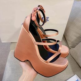 16cm Designer Heels Sandal Summer Wedge Platform Sandals Women Dress Shoes Silk Satin High Heels Luxury Evening Shoes Ankle Hardware Buckle Factory Footwear