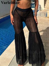 Women's Swimwear 2024 New Sexy Women Crochet Knitted Beach Pants See Through Elastic Straight Casual Pants Wide Leg Trousers Summer Holiday V4682 T240227