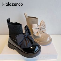 Scarpe da ginnastica per bambini Stivali alla moda con fiocco Neonate Scarpe alla caviglia Bambini Stivali con calzino di marca Slip On Stivali neri Stivali morbidi da principessa per l'autunno Novità