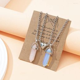 Pendant Necklaces 1 Pair Natural Quartz Crystal Hexagonal Column Magnetic Heart Couple Necklace Valentine's Day Jewely Gift