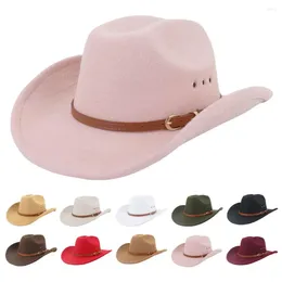Berets Western Cowboy Hat For Men Wide Brim Hemming Faux Leather Belt Decor Jazz Cowgirl Fedora
