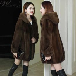 Fur casual imitation mink velvet winter coat women vintage midi length faux fur hooded jacket snow wear warm loose outwear plus size