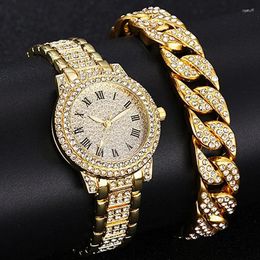 Relógios de pulso 1/2 pçs luxo mulheres diamante relógios hip hop pulseira senhoras relógio de quartzo rosa ouro feminino relógio de pulso cristal brilhante