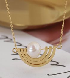 Real Gold Plated Half Moon Natural Pearl T Logo Pendant Necklace B Chian Brand6969402