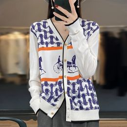 Spring And Summer Silk Print Cardigan Ladies Worsted Wool Thin Coat V-Neck Loose Knit Sweater Long Sleeve Coat 240219