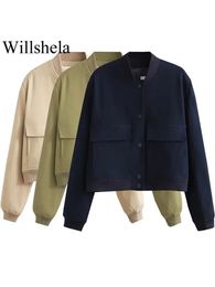 Willshela Women Fashion Solid Bomber Jackets Coat With Pockets V-Neck Single Breasted Long Sleeves Female Chic Lady Outfits 240219