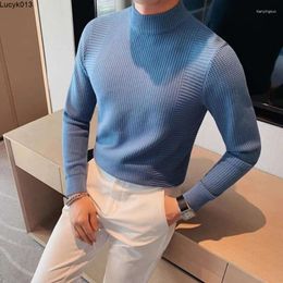 Mens t Shirts Light Blue British Style Elegant Pullover Turtlenecks Gentleman Jumper Vintage Knitted Sweater Slim Fit Bottoming
