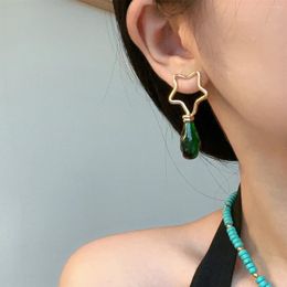 Dangle Earrings Style Art Retro Fashion Hollowed Out Pentagram Irregular Green Glaze Water-drop