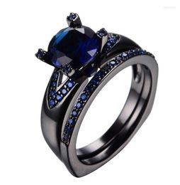 Wedding Rings Blue Round Zircon Engagement Ring Set For Women Vintage Black Gold Filled Double Bridal Sets Female Jewelry Gifts1665215