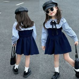 Spring Stripe Girls Temperament Dress Autumn Childrens Sweet Bow Princess Long Sleeved Student Style Baby Kids 240223