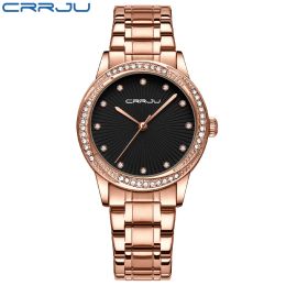 New CRRJU Rose Gold Women Watch Japan Movement Quartz Waterproof Wristwatches Female Round Dial Stain Steel Band Fashion Clock