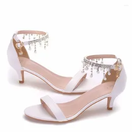 Dress Shoes Fashion Women's Sandals Party Pointed Toe String Bead Buckle Strap PU 5CM Thin Heels Tassel For Women White