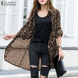 Fashion Leopard Cardigans Womens Summer Blouses ZANZEA Casual Long Kimono Cape Female Lapel Tunic Chemise 240226