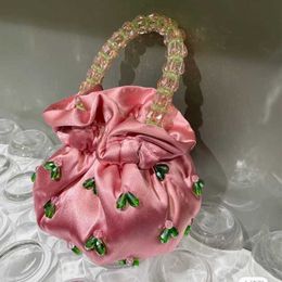 Evening Bags Light Green Crystal Water Drop Cloth Bag Hand Bucket Ins Design Sewn Bead Satin Handbag 240227