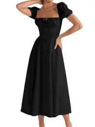 Casual Dresses Women Y2K Square Neck Low Cut Short Sleeve Bustier Long Dress Puff Ruched Cottagecore Maxi Sundress