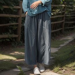Women's Pants Women Wide Leg Straight Elastic Waist Vintage Cotton Linen Trouser 2024 Spring Summer Pockets Korean Style Female