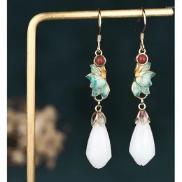 Dangle Earrings Jade Drop Bohemian Cloisonne Gemstone Hook 18K White Gold Plated