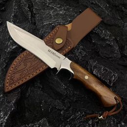 Special Offer A2285 Straight Knife D2 Satin Straight Point Blade Rosewood with Steel Head Handle Outdoor Survival Tactical Knives with Leather Sheath