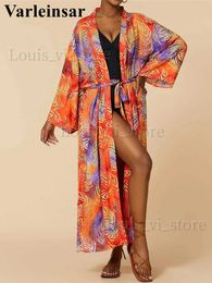 Women's Swimwear New Sexy Leaves Printed With Belt Long Sleeve Tunic Beach Cover Up Cover-ups Beach Dress Beach Wear Beachwear Female Women V4487 T240227