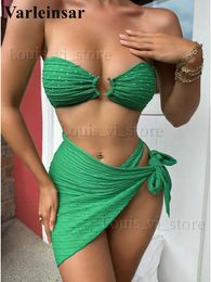 Women's Swimwear Sexy With Sarong Bandeau Mid Waist Bikini Female Swimsuit Women Swimwear Three-pieces Bikini set Bather Bathing Suit Swim V4242 T240227