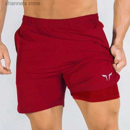 Men's Shorts Double-layer Fitness Shorts Mens Summer Thin Fake Two-piece Lined Quick-drying Breathable Woven Quarter Pants T240227