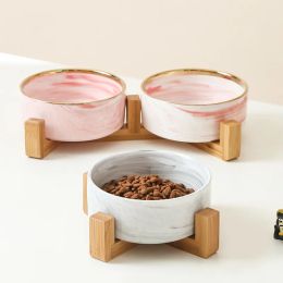 Feeding Cat Bowl with Wooden Frame Ceramics Food and Water Double Bowls Pet Feeder for Big Flat Faced Supplies