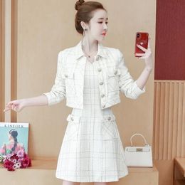 Korea Elegant 2 Piece set Women Plaid Tweed Lapel Long Sleeve Jacket Coat Retro Fashion sleeveless A-Line Dress Suit 240223