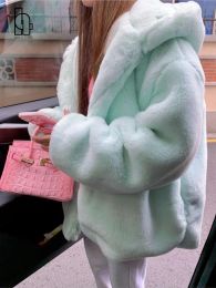 Fur Luck A Women Sweet Pink Fur Coats Female Winter Thick Warm Streetwears Korean Hooded Fashion Oversize Outerwears