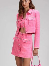 Women Pink Tweed Short Coat or Mini Skirt Set with Pearl Diamond Buckles Ladies Long Sleeve Jacket Jupes Suits 240226