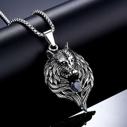 New Fashiopn Wolf Head Charm Pendant Necklace Accessories Personality Domineering Titanium Stainless Steel Red Black Diamond Inlaid Trendy Mens Sweater Chain