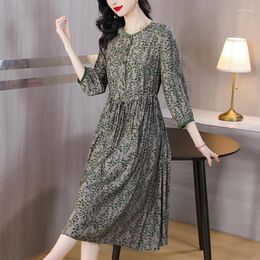 Casual Dresses 2024 Fashion Silk Printed Dress Women's Autumn Vintage Fragmented Flower Round Neck Loose Fit Party Vestid