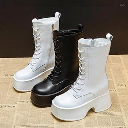 Boots 11cm Genuine Leather Platform Wedge Roman Knee High Mid Calf Ladies Top Autumn Winter Plush Warm Women Shoes