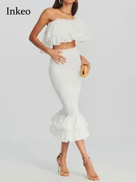 Work Dresses Luxury Women's 2 Piece Set 2024 Lace Embroidery Tops Off Shoulder Cropped Shirt High Waist Ruffle Bodycon INKEO 4T020