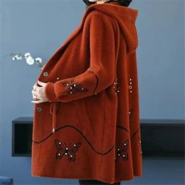 Cardigans Autumn Winter Imitation Mink Fleece Women Coat Hooded Mid Long Knitted Cardigan Sweater Tops Warm Middle Elderly Mom Outerwear