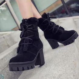 Boots Cross-Laced Ultra-High Thick-Heeled British Style Mid-Tube Plush Lining Winter Warm Snow Green Women's Short